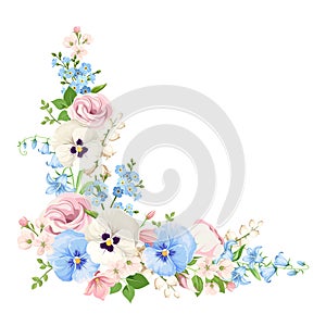 Pink, blue and white flowers. Vector corner background.