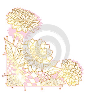 Vector corner bouquet with outline Dahlia or Dalia flower in gold and pastel pink isolated on white background. Bunch of Dahlia.