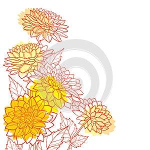 Vector corner bouquet of outline Dahlia or Dalia flower and ornate leaves in orange and yellow isolated on white background.