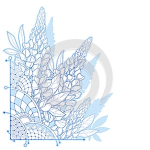 Vector corner bouquet of outline Lupin or Lupine or Texas Bluebonnet flower bunch, bud and ornate leaf in pastel blue isolated.