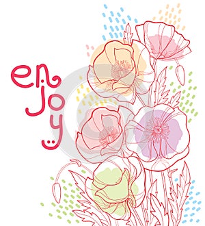 Vector corner bouquet with outline Poppy flower, bud, leaves and stripes in pastel colored isolated on white background.