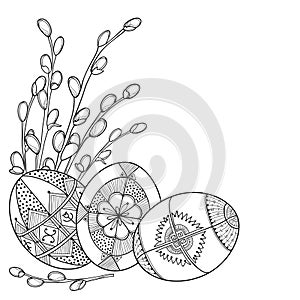 Vector corner bunch of outline Willow twigs and ethnic Ukrainian Easter egg Pysanka in black isolated on white background. photo