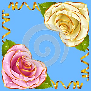 Vector Corner vignette. Pink and White Rose and Golden Ribbons