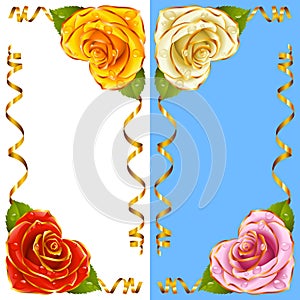 Vector Corner vignette set. Rose Hearts and Golden Ribbons