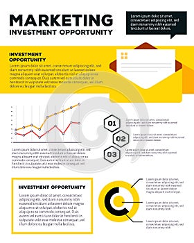 Vector corporate business template infographic with yellow envelope, chart, graph, icons, header, text on white background.