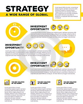 Vector corporate business template infographic with yellow speech bubble, icons, header, text on white background.