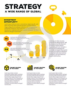 Vector corporate business template infographic with yellow stopwatch, graph, icons, header, text on white background.