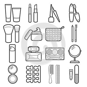 Vector cosmetic icons. Makeup thin linear signs for manicure, pedicure and