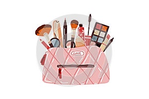 Vector cosmetic pouch with makeup,beauty products on white background.