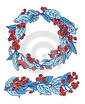 Vector Cotoneaster orange berries blue leaves in garland border and wreath