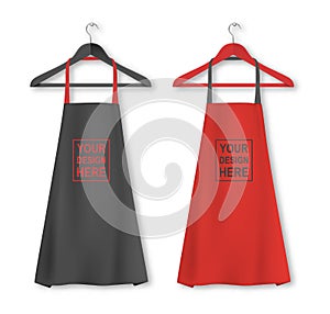 Vector cotton kitchen apron icon set with clothes hangers closeup isolated on white background. Black and red colors
