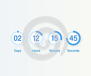 Countdown clock counter timer. UI app digital count down circle board meter with circle time pie diagram.