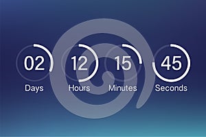 Vector countdown clock counter timer. UI app digital count down circle board meter with circle time pie diagram. Scoreboard of day