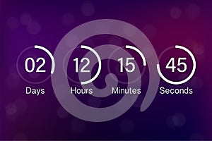 Vector countdown clock counter timer. UI app digital count down circle board meter with circle time pie diagram. Scoreboard of day