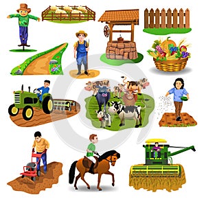 Vector countryside set of clip arts like harvester, sowing seeds, riding a horse, plowing, farm animals, well, farmer, tilling the