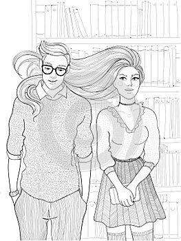 Vector couple man and woman hesitate in the library, the girl whole appearance suggests that she likes the guy