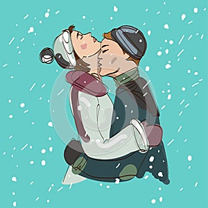 vector couple man and woman kissing under snowfall.Young man kissing his girl on the neck.Hand drawing