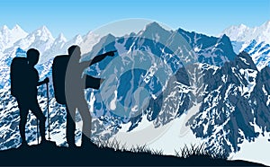 Vector couple of travellers in mountains