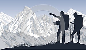 Vector couple of travellers in mountains