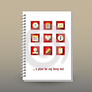 Vector cover of diary with ring spiral binder - format A5 - layout brochure concept - red yellow colored flat design p