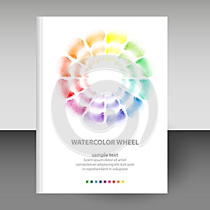 Vector cover of diary white hardcover - format A4 layout brochure concept - watercolor round schema wheel - basic colo