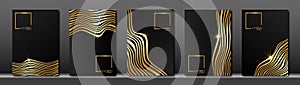 Vector cover for text. Abstract black fluid striped line background. Gold wave strips. Applicable for design cover, presentation photo