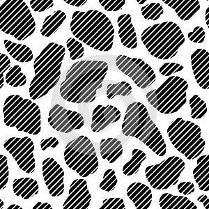 Vector cow hide pattern seamless background. Black irregular patches on white backdrop. Abstract conceptual cows skin