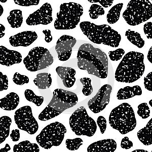 Vector cow hide pattern seamless background. Black irregular patches on white backdrop. Abstract cows skin grunge