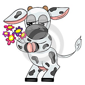 Vector cow holding flowers painting. farm animal i