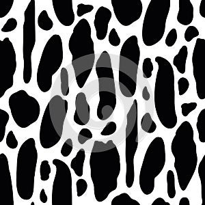 Vector cow pattern seamless background. Black irregular patches on white backdrop. Abstract cows skin texture