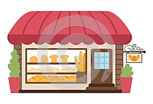 Vector cozy bakery isolated on white background. Small bread shop illustration. Cute French kiosk with pastry, cakes, loaves,