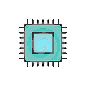 Vector CPU microprocessor, computer chip flat color line icon.