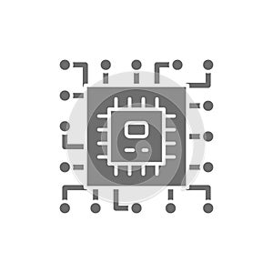 Vector CPU microprocessor, computer chip grey icon.