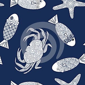 Vector Crabs Fish Starfish in White Scattered on Blue Background Seamless Repeat Pattern. Background for textiles, cards