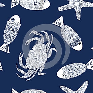 Vector Crabs Fish Starfish in White Scattered on Blue Background Seamless Repeat Pattern. Background for textiles, cards photo