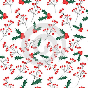 Vector cranberry seamless pattern, print,wallpaper,background. Winter red berries, green leaves or foliage.