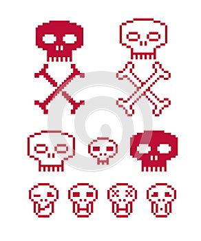 Vector craniums with crossed bones, flat 8 bit icons, collection photo