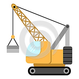 Vector crawler crane with load. Construction site and road work flat icon. Building transportation clipart. Cute special transport