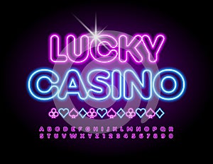 Vector creative banner Lucky Casino. Purple Neon Alphabet