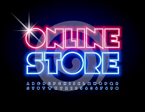 Vector creative banner Online Store. Neon Blue Alphabet