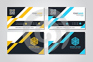 Vector creative business card template with blue and orange triangles and diagonal strip for business