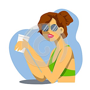 Vector creative cartoon illustration. Cute young woman drinks soda, cocktail or milkshake at the beach bar. Girl in