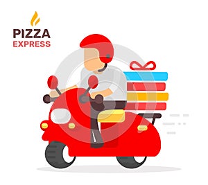 Vector creative color illustration of man is riding a red motorcycle on white background. Express delivery of pizza, mail, parcel.