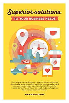 Vector creative colorful illustration of modern city taxi service with business header and text on yellow background. Taxi