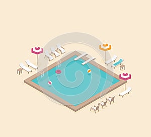 Vector creative concept design on isometric swimming pool with chaise lounges, parasol umbrellas and other