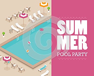 Vector creative concept design on isometric swimming pool with chaise lounges, parasol umbrellas and other
