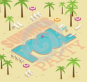 Vector creative concept design on isometric swimming pool with chaise lounges, parasol umbrellas and other