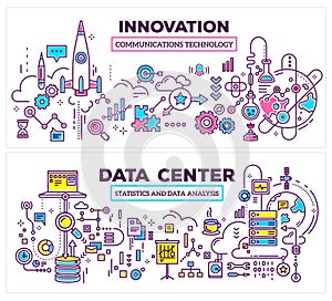 Vector creative concept illustration of data center and innovation technology on white background. Horizontal composition