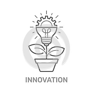 Vector creative concept in line style - light bulb with gear wheel growing from the flower pot. Innovation Idea concept