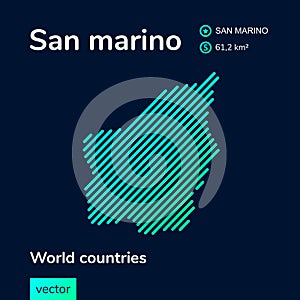 Vector creative digital neon flat line art abstract simple map of San Marino with green, mint, turquoise striped texture